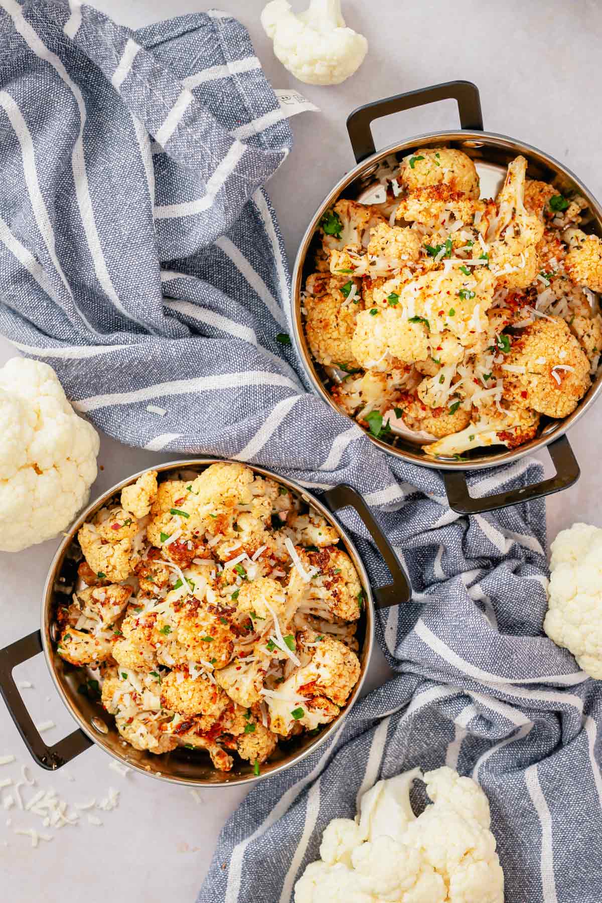 air fryer cauliflower in small metal serving dish