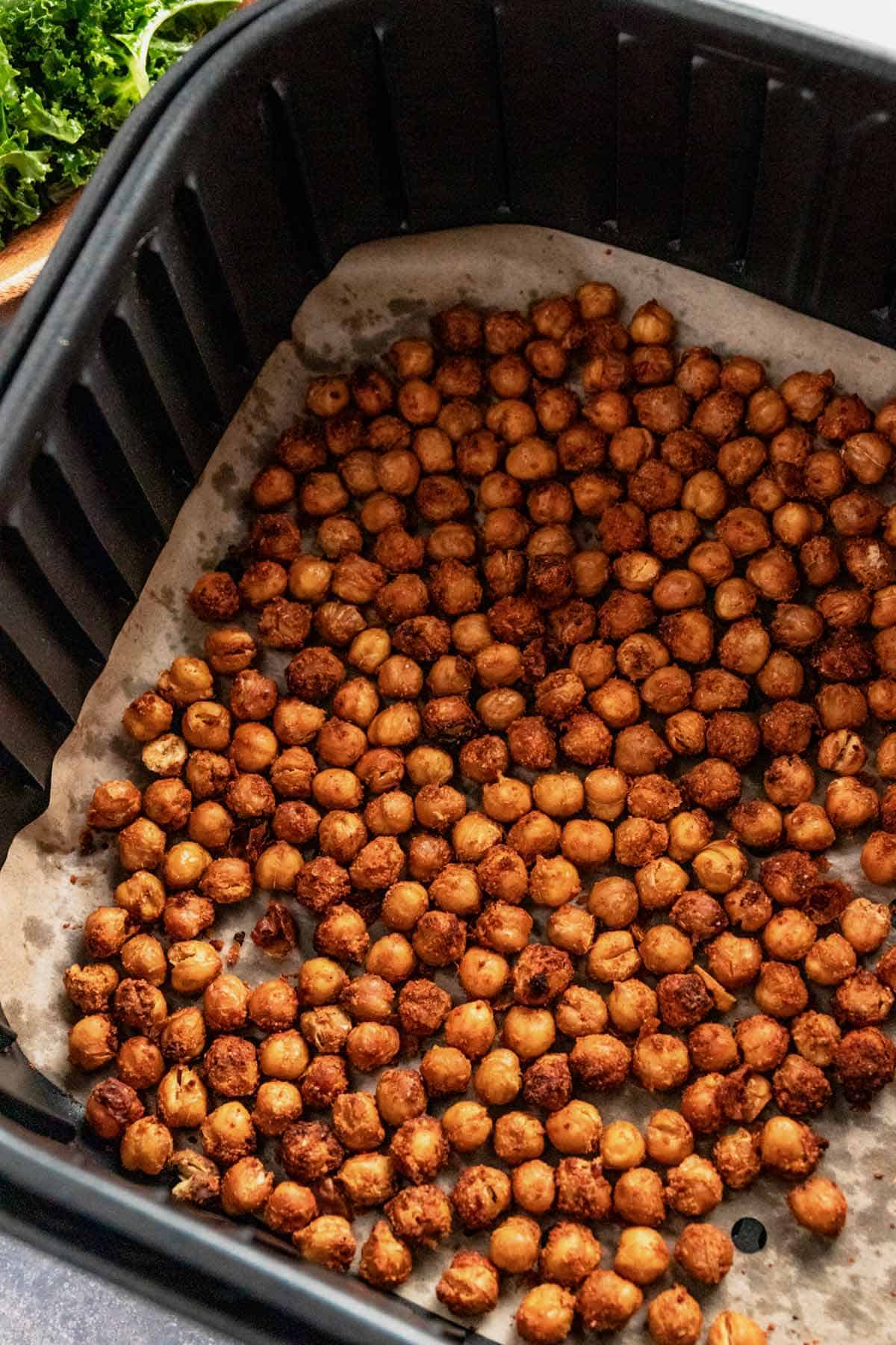 air fryer crispy chickpeas in air fryer basket