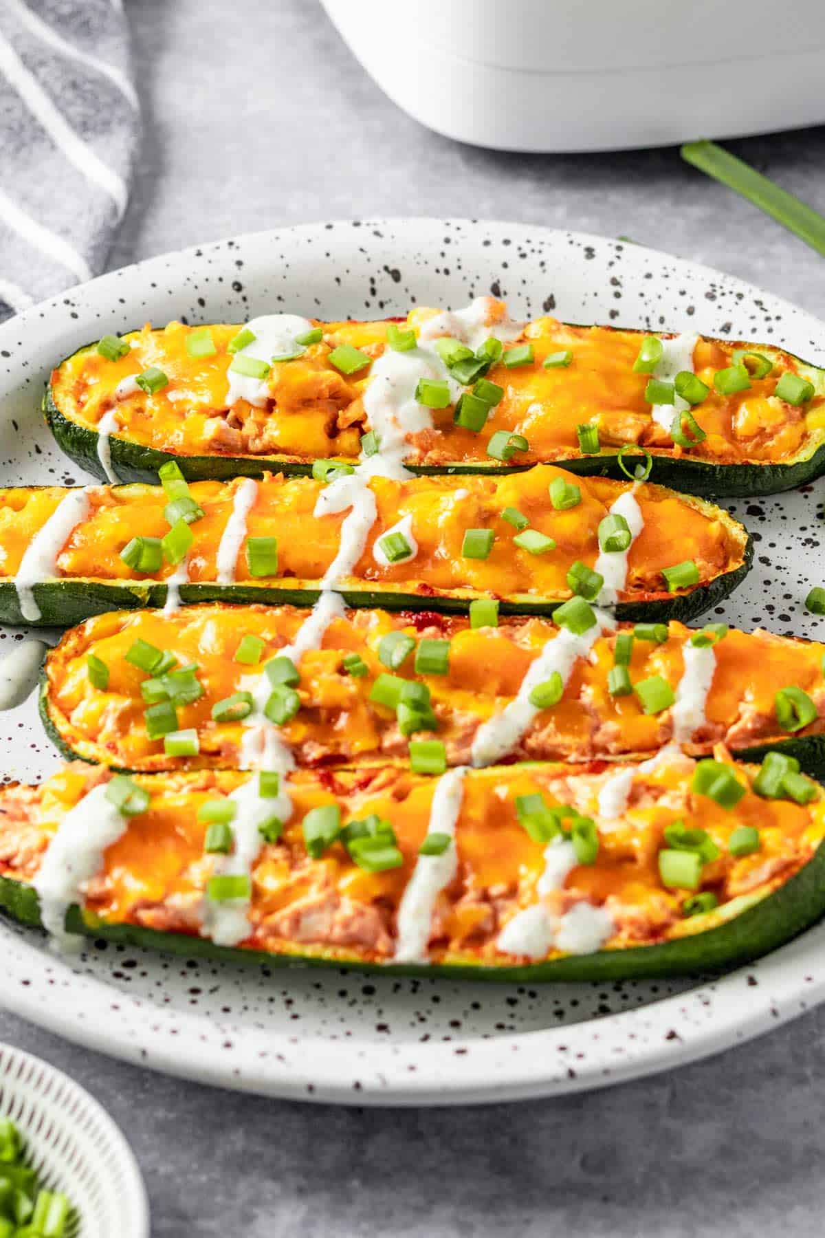 Air Fryer Zucchini Skins With Buffalo Chicken Stuffing