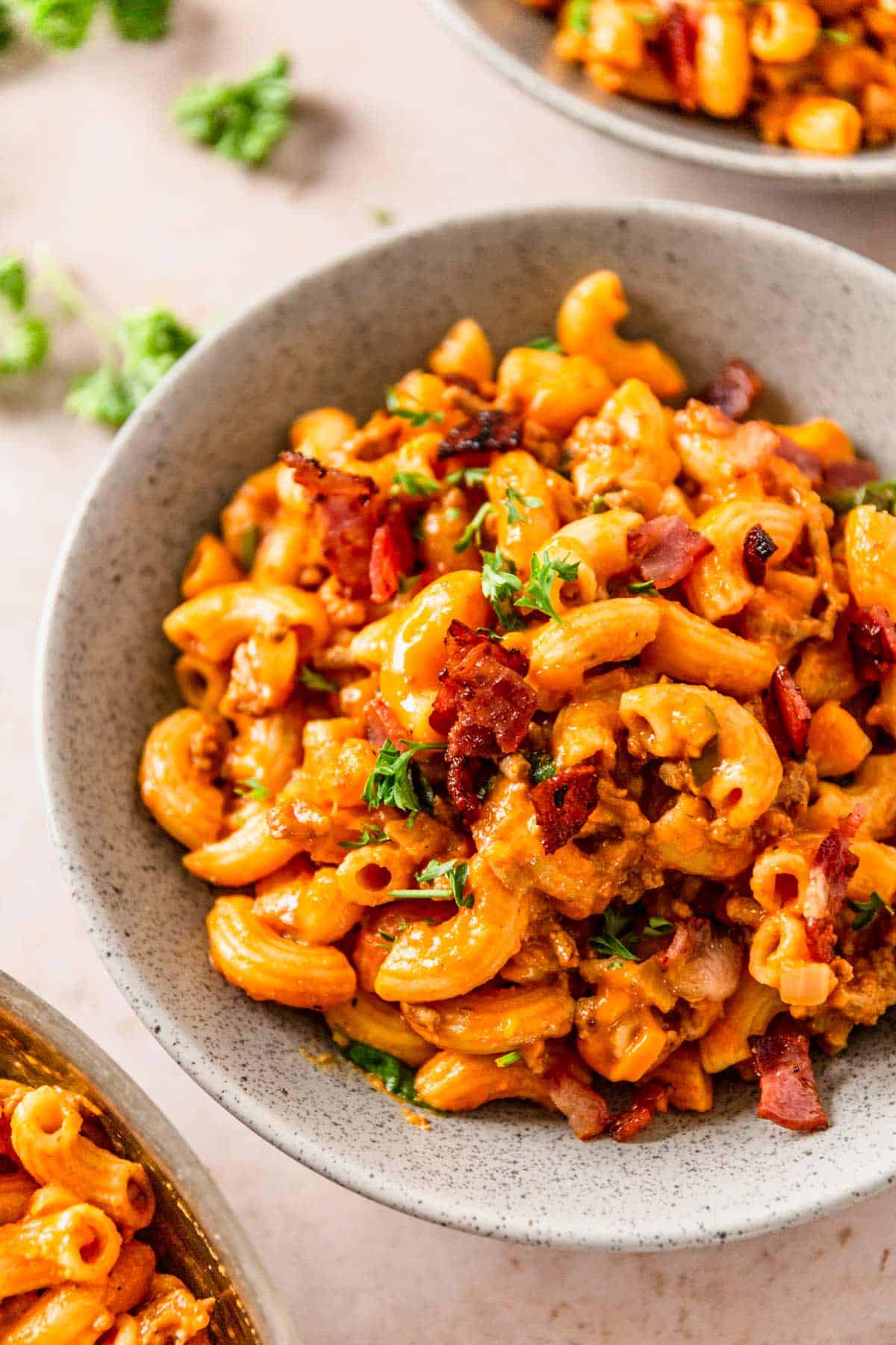 cheeseburger macaroni pasta with beef in a bowl