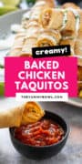 Creamy Chicken Taquitos stacked on top of each other and drizzled with sriracha mayonnaise