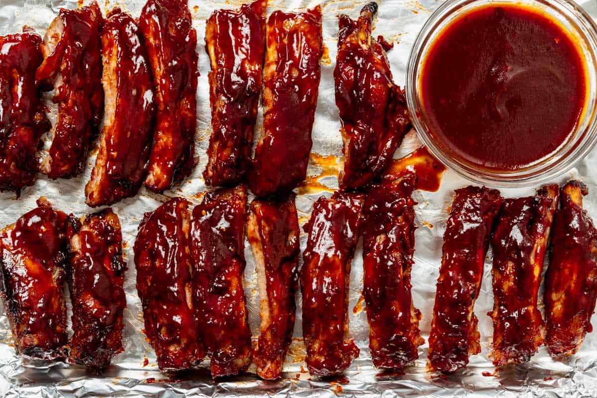 pork ribs brushed with barbecue sauce.