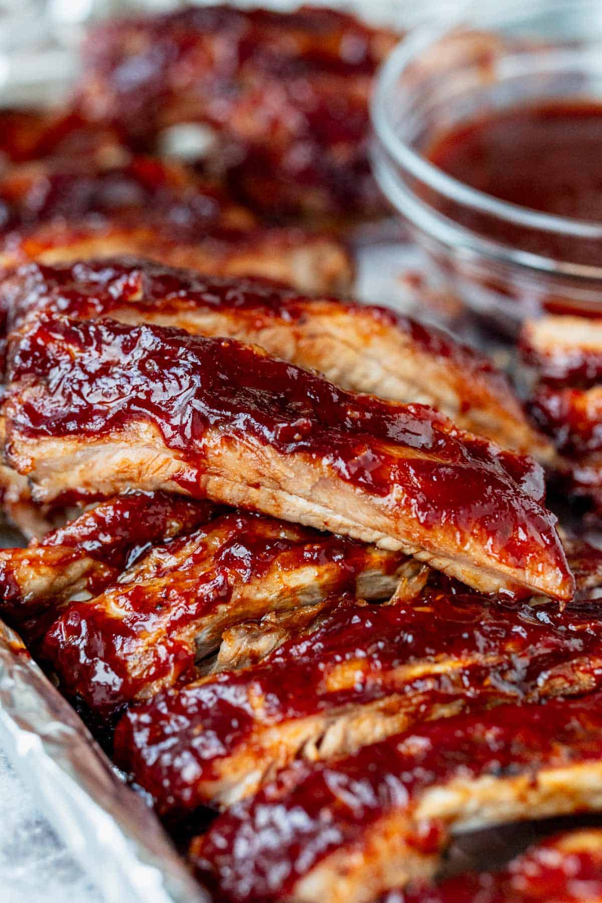 pork ribs brushed with barbecue sauce.