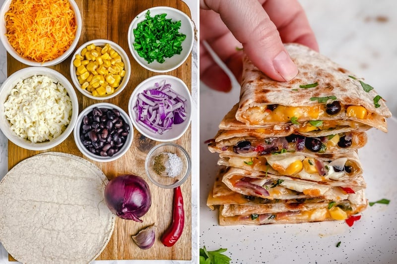 These Mexican Quesadillas are loaded with black beans, sweet corn, and two kinds of gooey melted cheese. Soft tortillas are then lightly toasted on a skillet until crisp. You'll love this recipe as they make a great hearty lunch or easy dinner in just under 30 minutes.