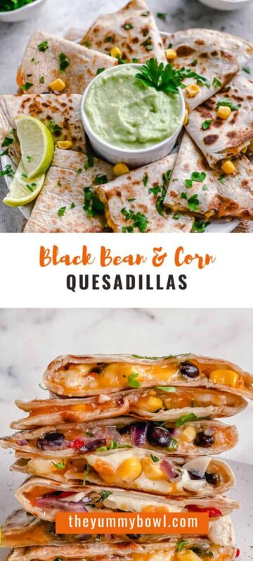 These Mexican Quesadillas are loaded with black beans, sweet corn, and two kinds of gooey melted cheese. Soft tortillas are then lightly toasted on a skillet until crisp. You'll love this recipe as they make a great hearty lunch or easy dinner in just under 30 minutes.
#blackbeanquesadillaglutenfree #glutenfreequesadilla #veganquesadilla #corntortilla #cornquesadilla #quesadillarecipeeasy  #quesadillavegetarian #easycheesequesadillarecipes - The Yummy Bowl

