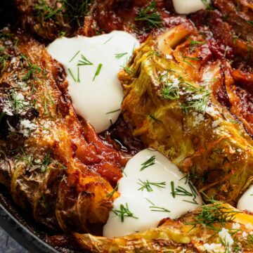 caramelized cabbage wedges in skillet.