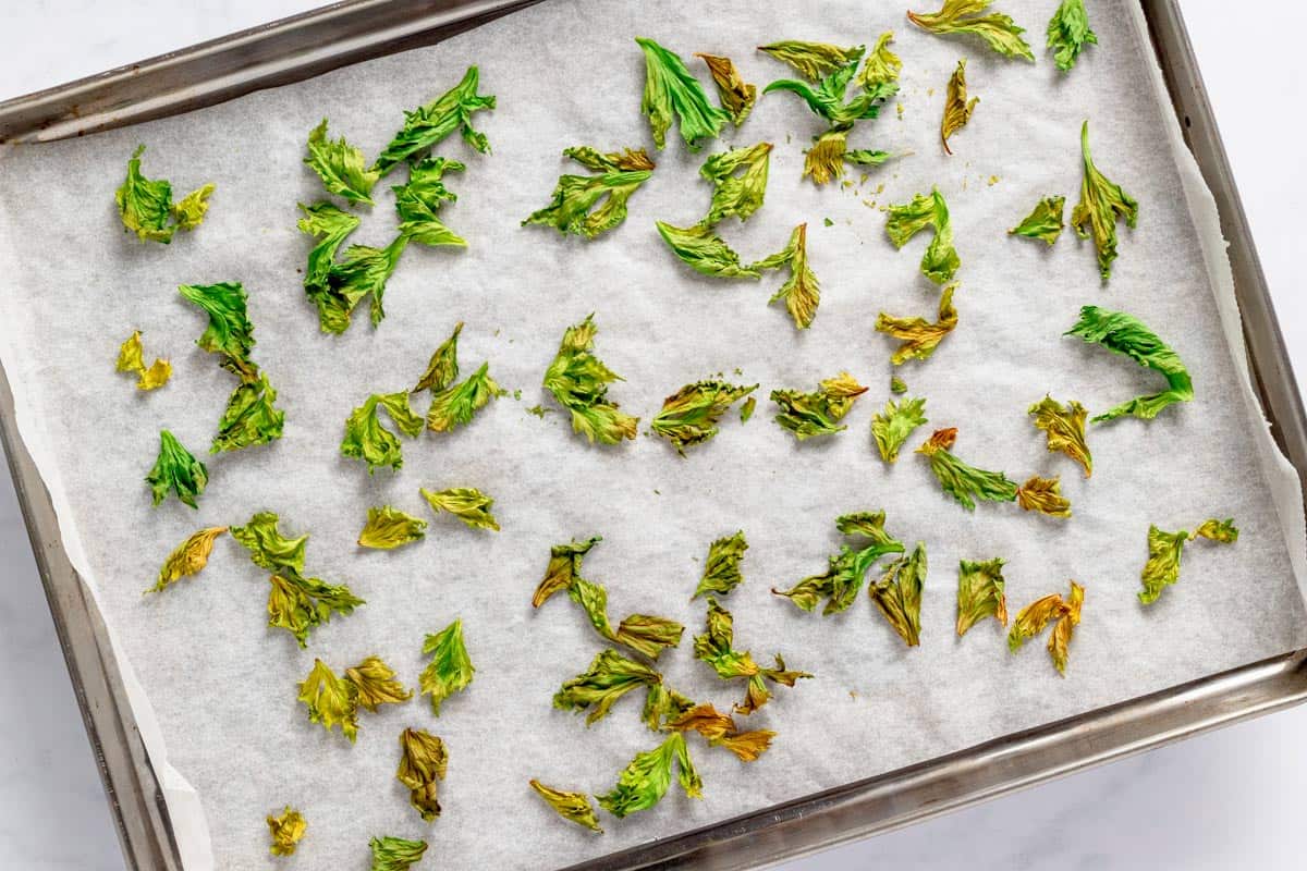 roasted celery leaves in baking sheet