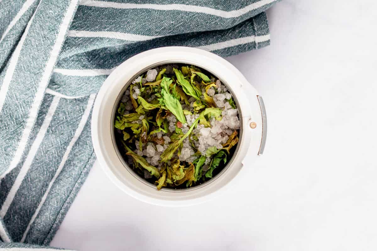 carse salt and celery leaves in coffee grinder before making into powder