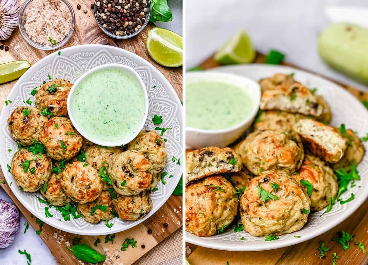 These baked Cheesy Summer Squash Zucchini Bites are easy, super flavorful and a great meal prep idea for a weekday dinner night. They are loaded with summer squash zucchini, garlic, mushrooms and two types of cheese - blue cheese and parmesan cheese. All this yumminess is served with a creamy avocado yogurt dressing for a mind-blowing culinary experience! 