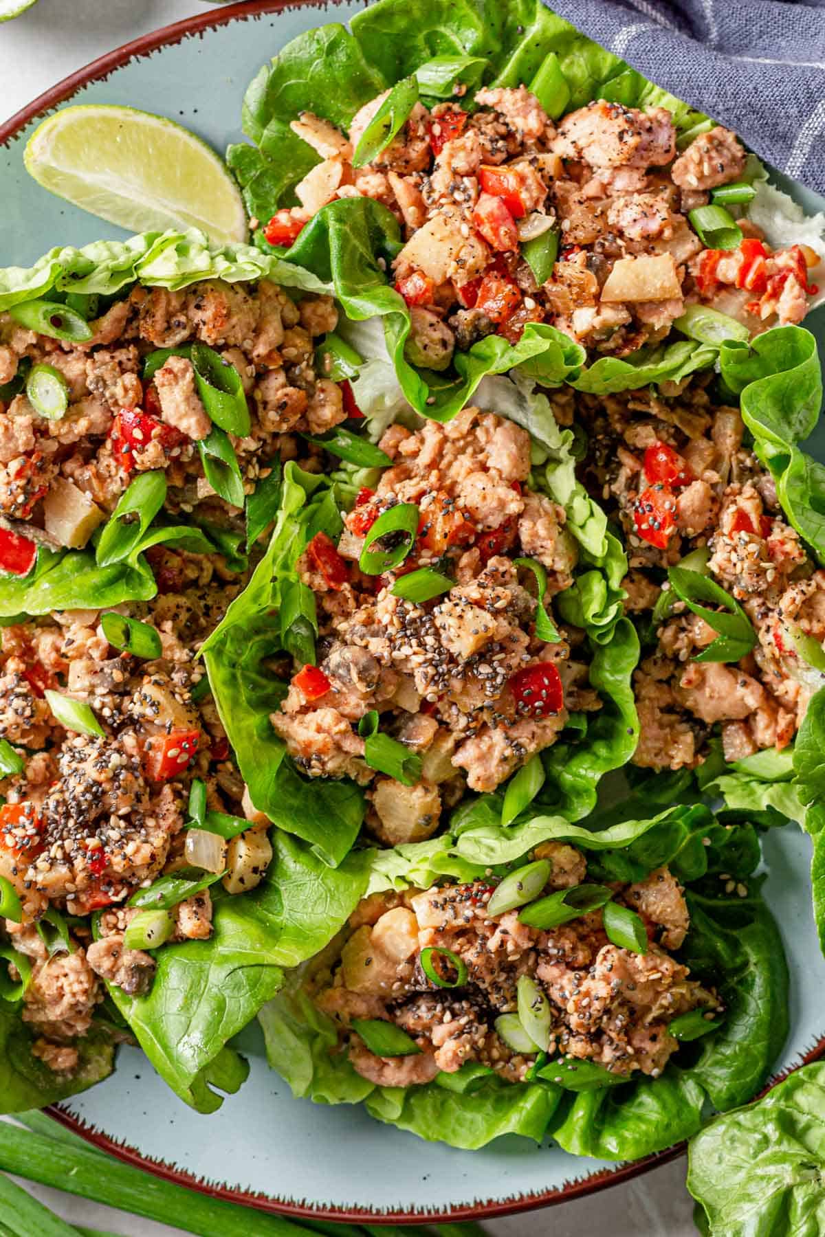 picture of chicken lettuce wraps stacked together on a blue plate