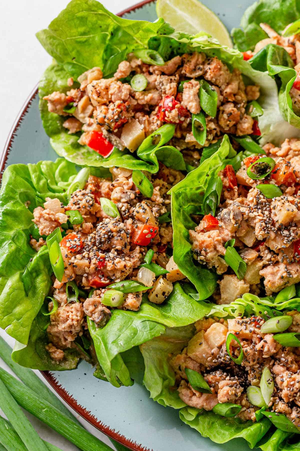 picture of chicken lettuce wraps stacked together on a blue plate