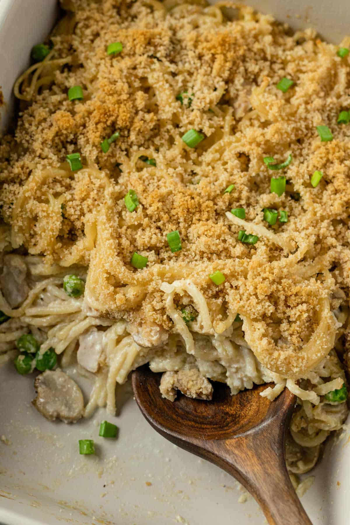 spaghetti chicken mushroom bake on a plate