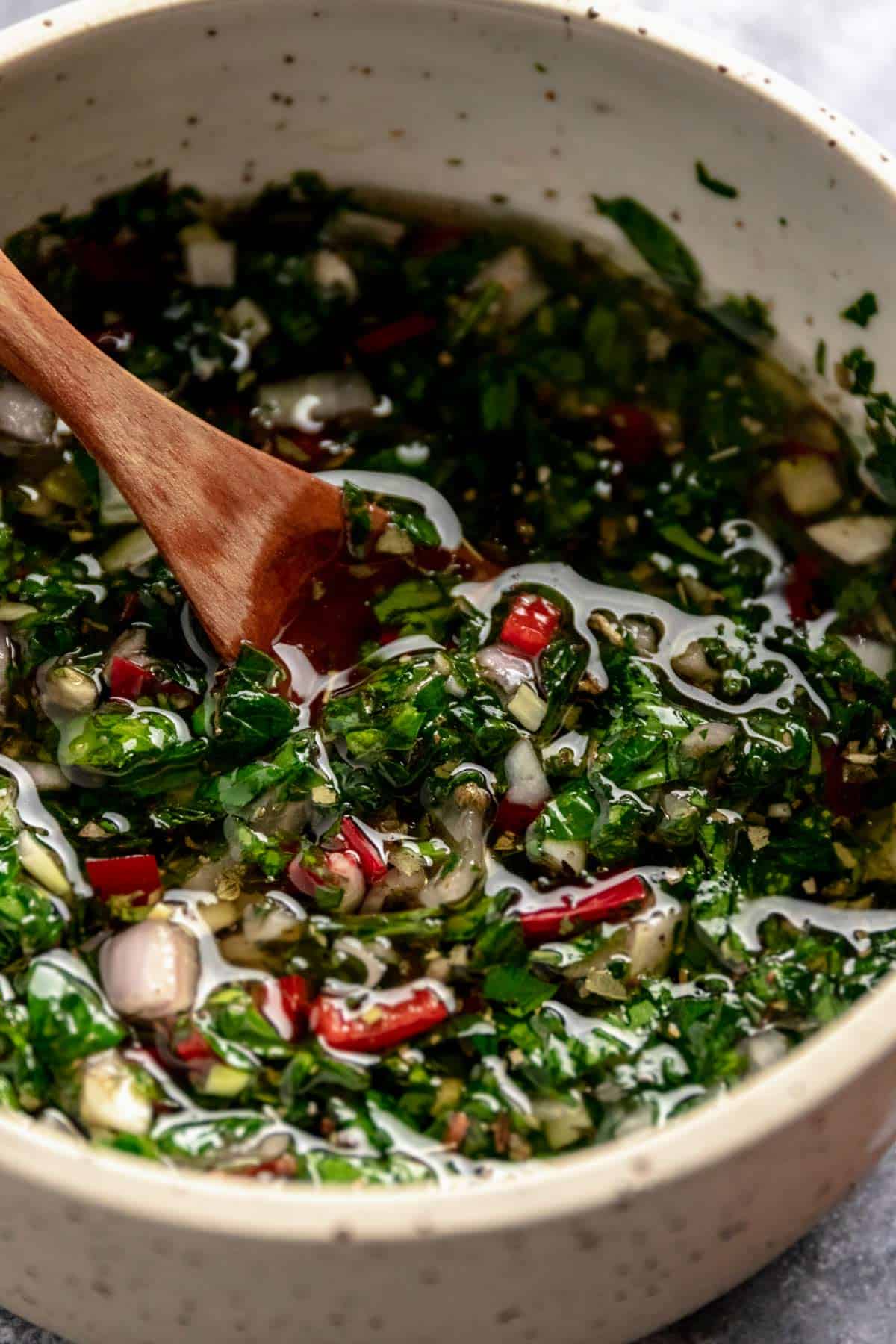 close up shot of chimichurri sauce