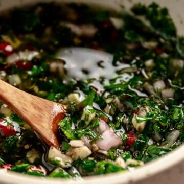 close up shot of chimichurri sauce