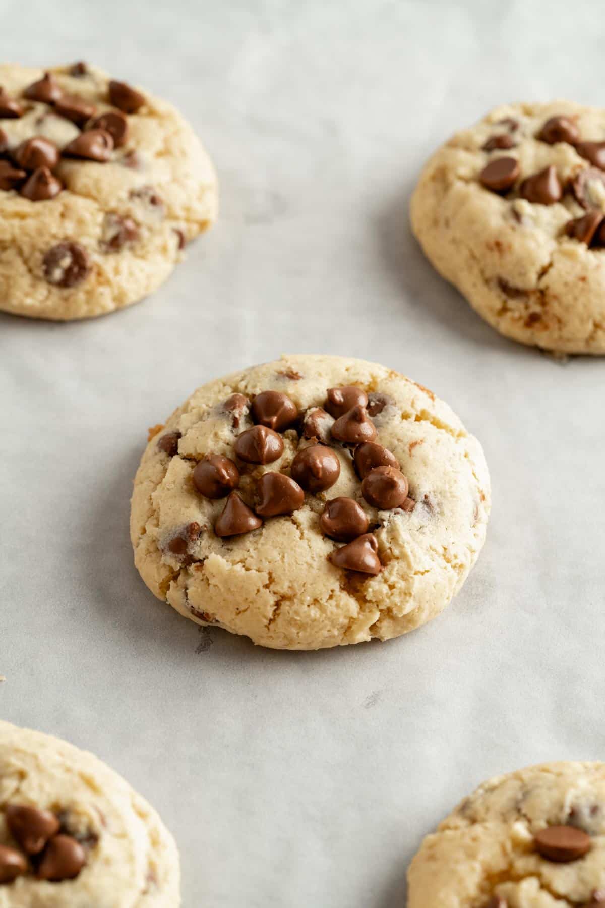 chocolate chip cookies without brown sugar on a baking sheet