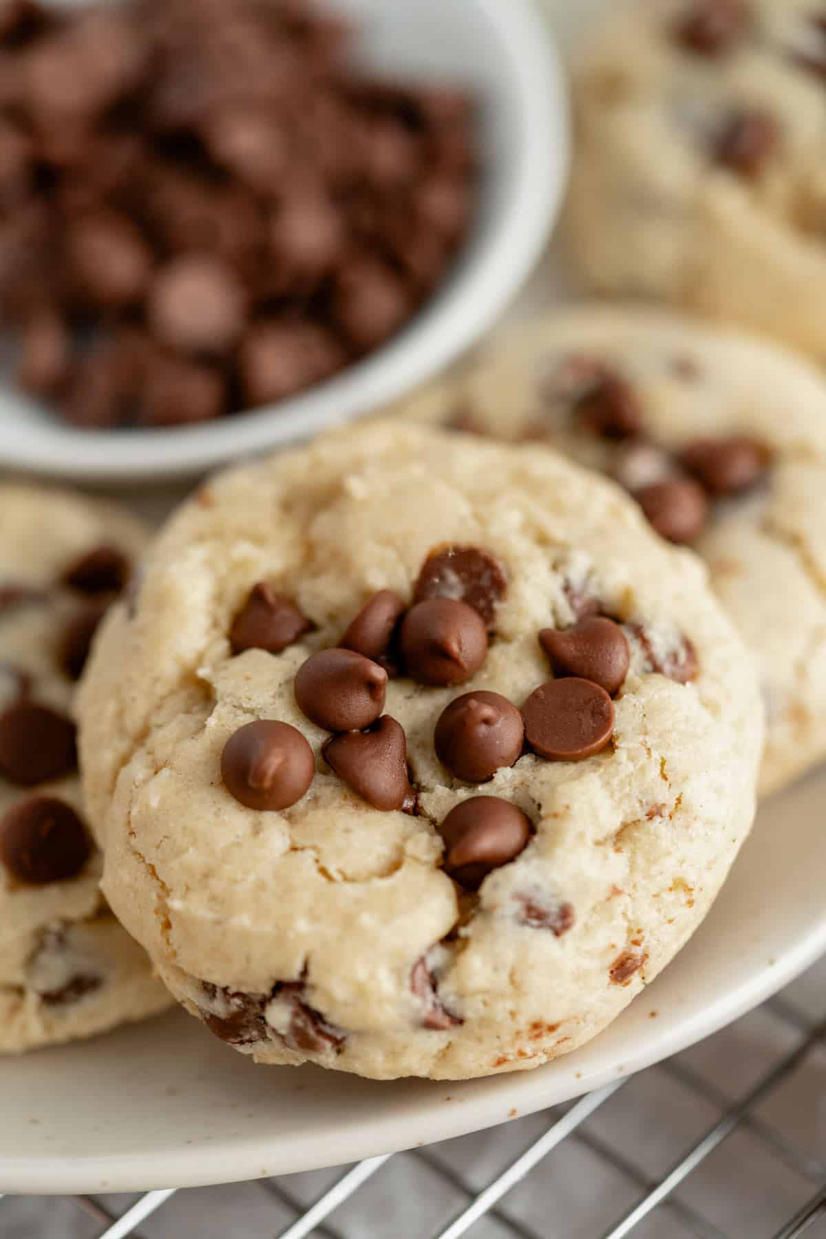 a close up shot of chocolate chip cookies