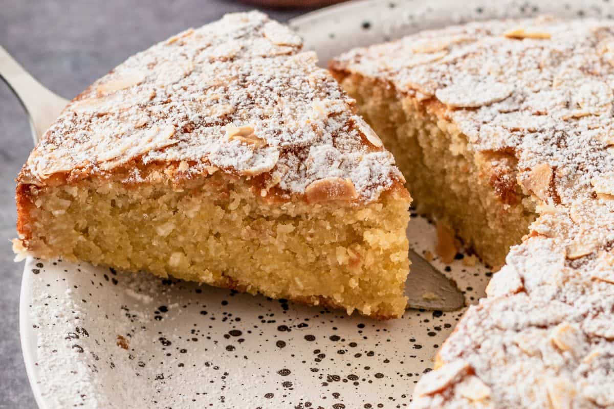 coconut almond flour cake slice on a speckled white plate.