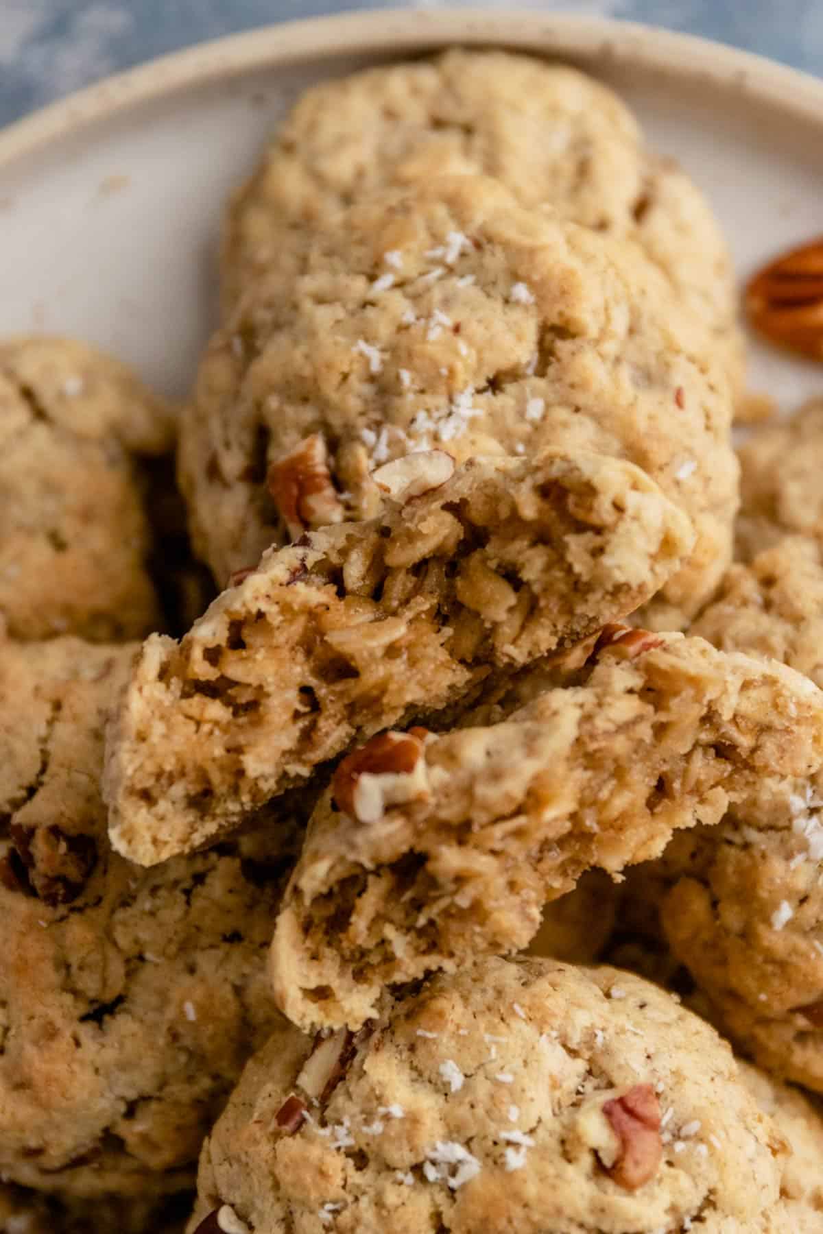 coconut pecan cookies cut in half