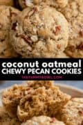 a stack of coconut oatmeal pecan cookies