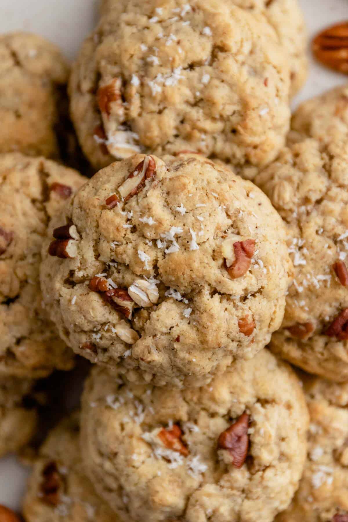 a stack of coconut pecan cookies