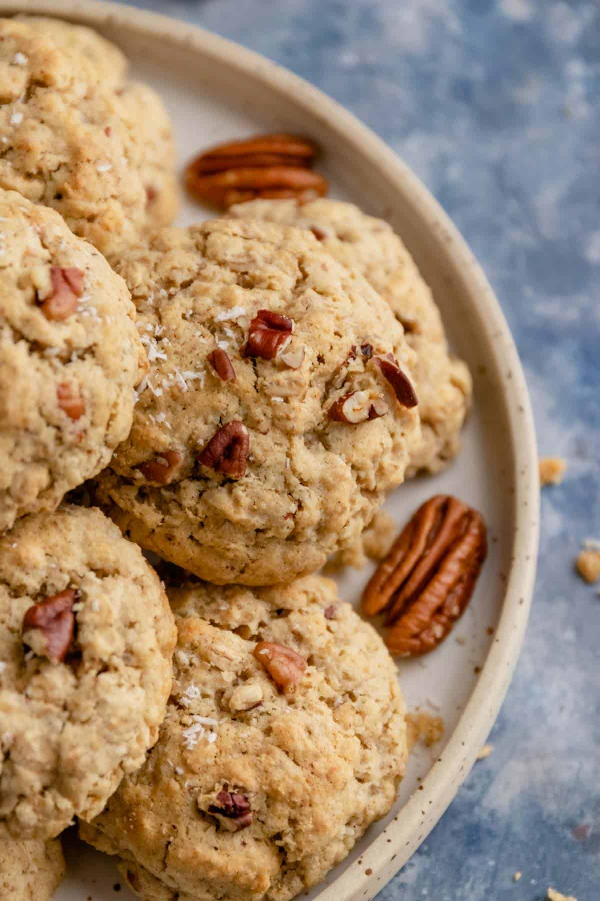 a stack of oatmeal pecan cookies