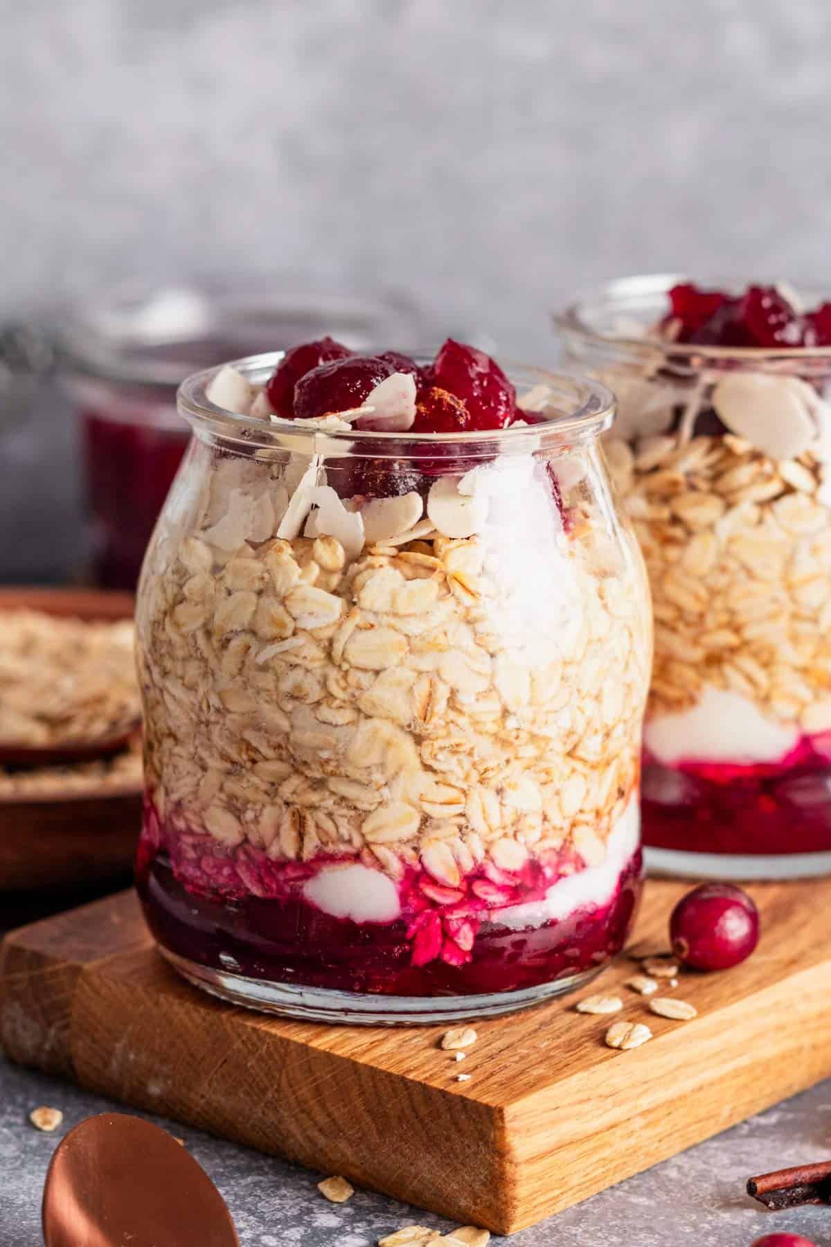 cranberry sauce overnight oats with almonds.