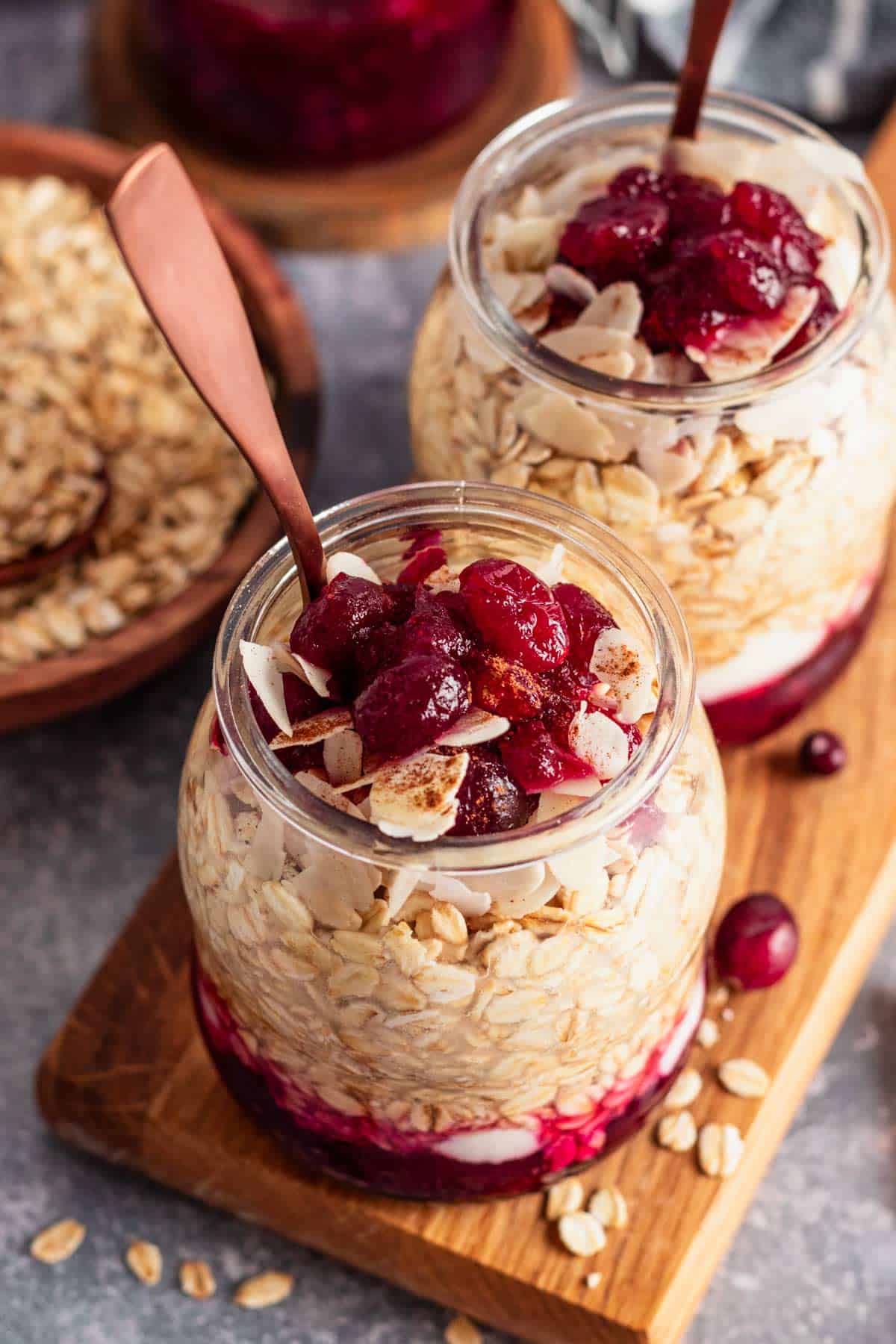 cranberry sauce overnight oats with greek yogurt.