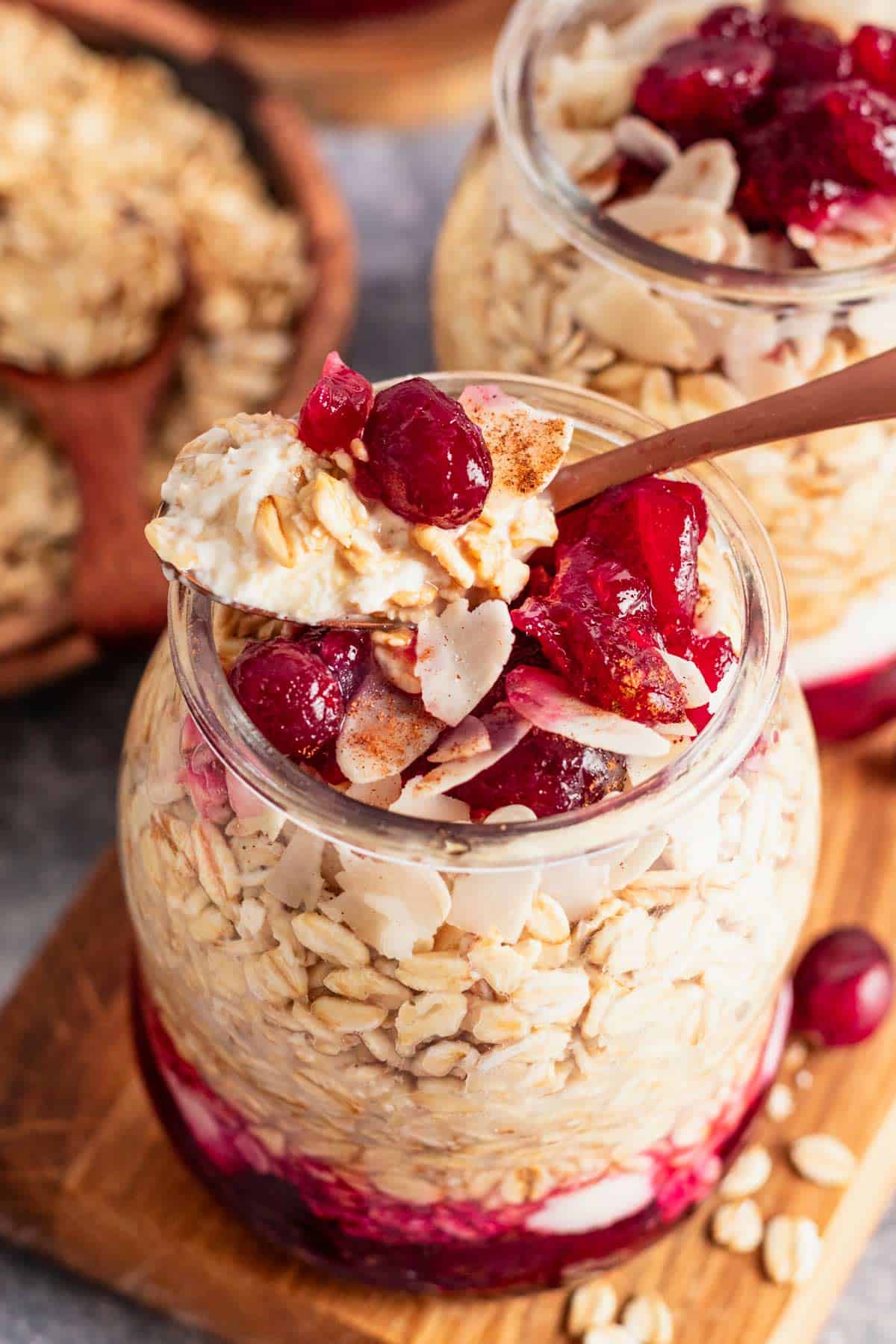 cranberry sauce overnight oats with almonds.