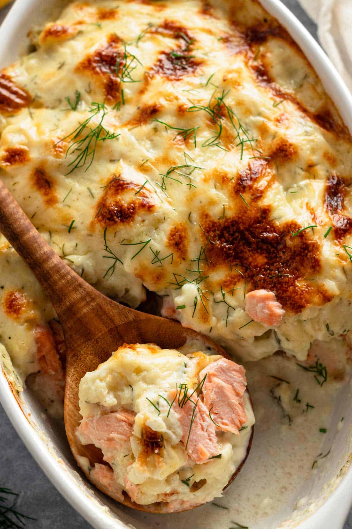 cheesy salmon casserole bake.