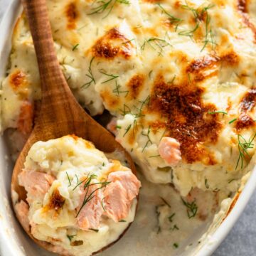 salmon vegetable casserole in baking dish.