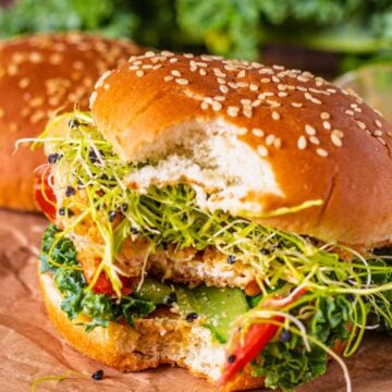 a bite shot of Panko Chicken Sandwich With Mustard Sauce