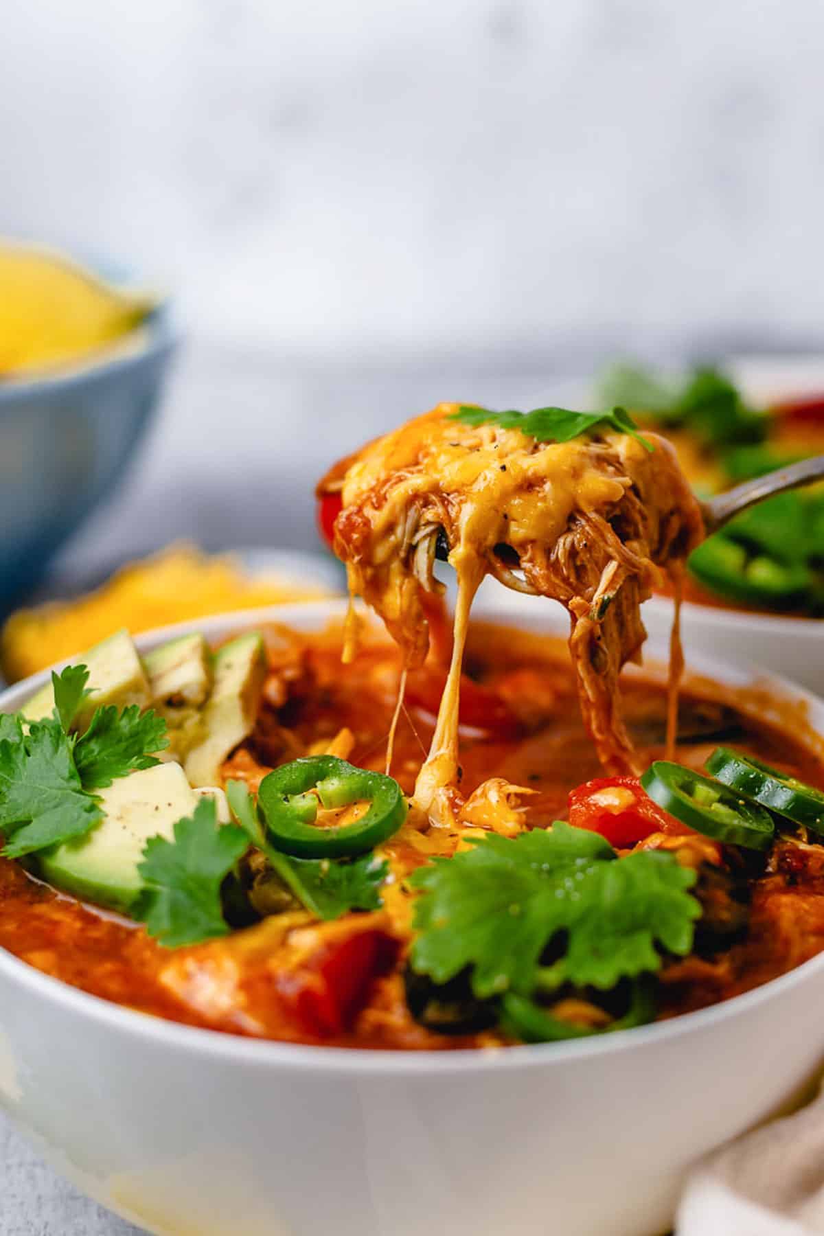 chicken enchilada in a bowl with avocado jalapeno tortilla chips