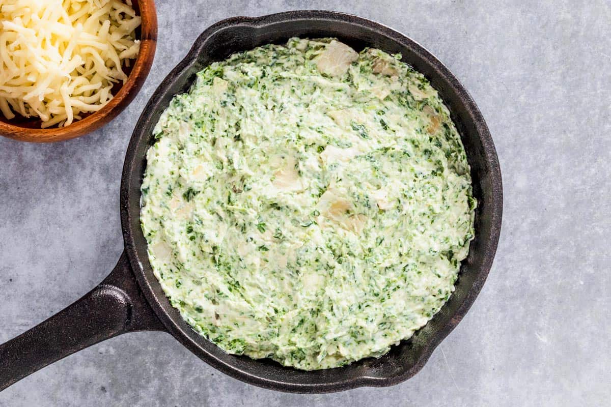 artichoke dip in cast iron skillet