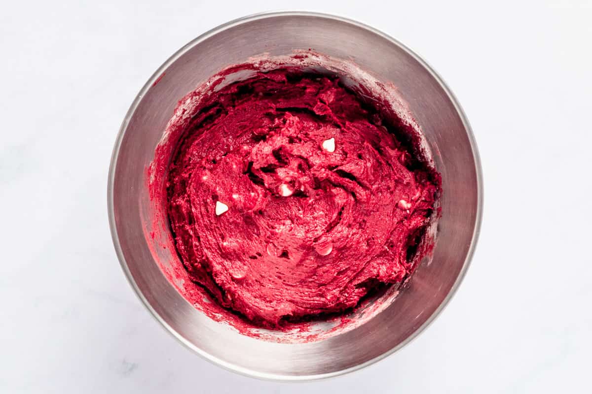 batter for red velvet cookies in mixing bowl