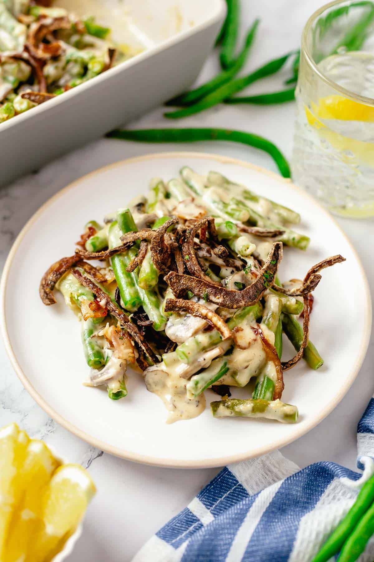 Green beans casserole on a serving plate