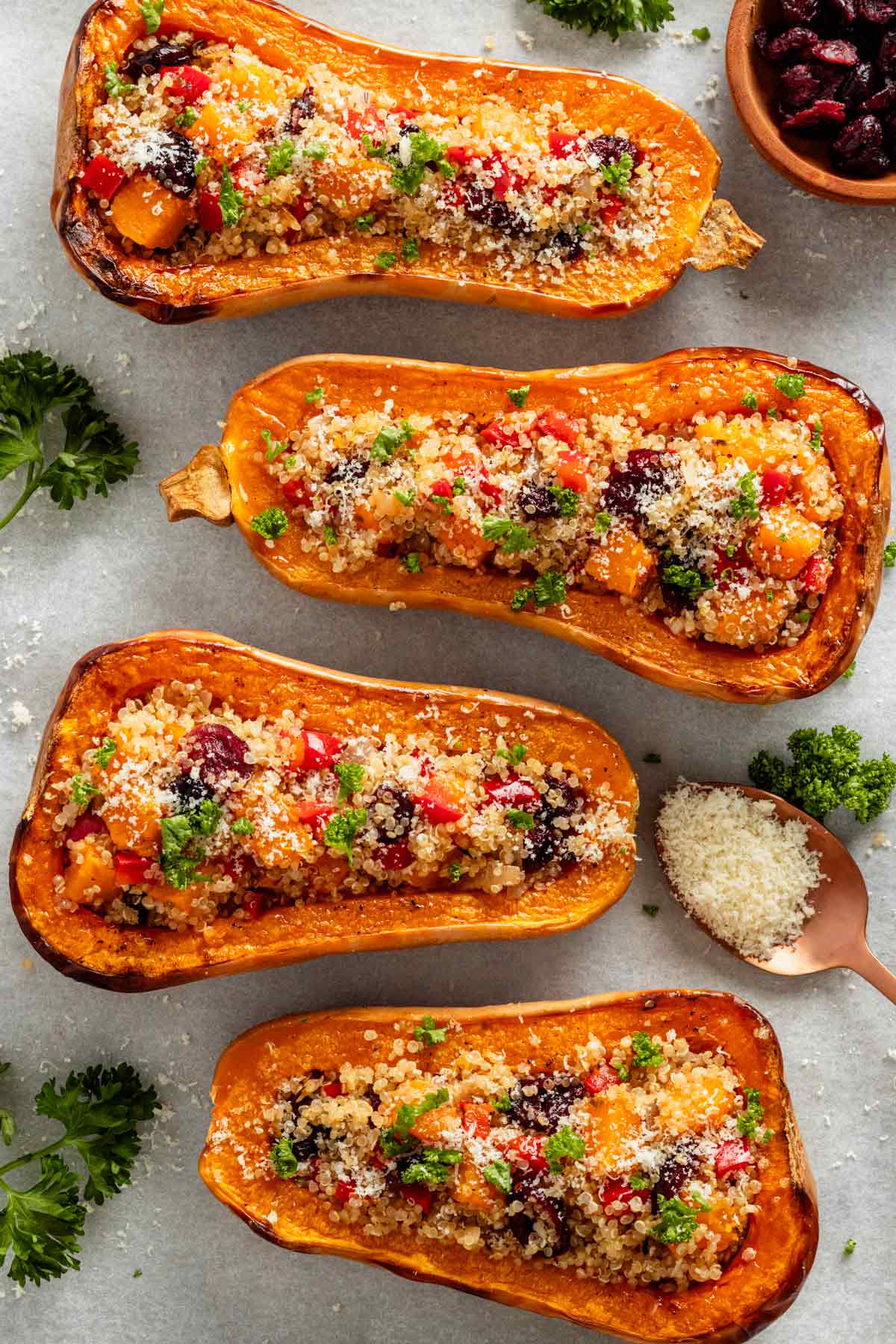 healthy stuffed butternut squash halves.