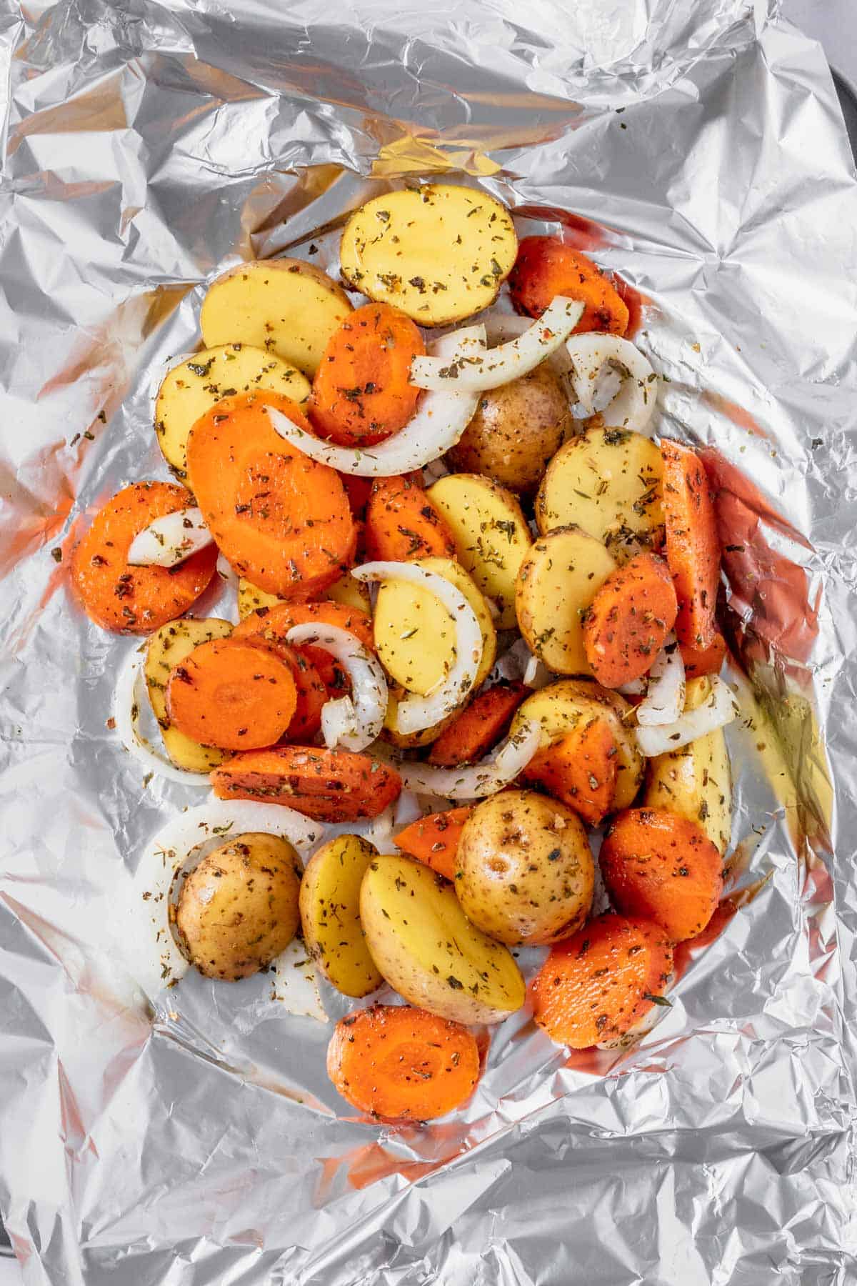 seasoned vegetables in foil packet