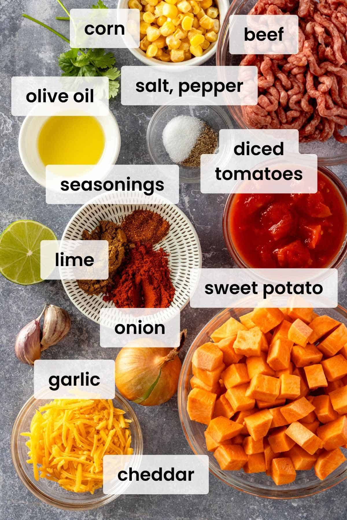 ingredients for ground beef and sweet potato taco skillet.