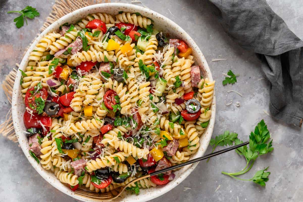 pasta salad in a bowl.