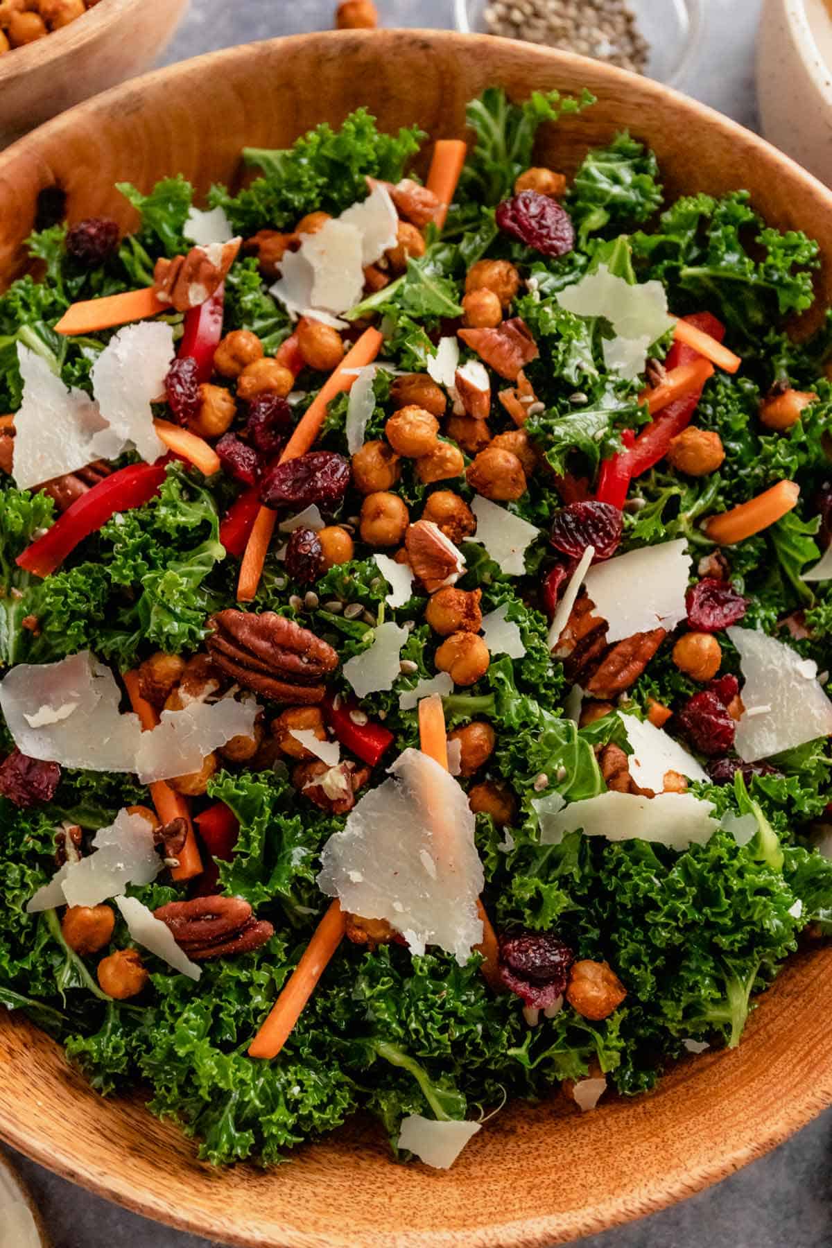 kale salad with lemon tahini dressing in a serving bowl