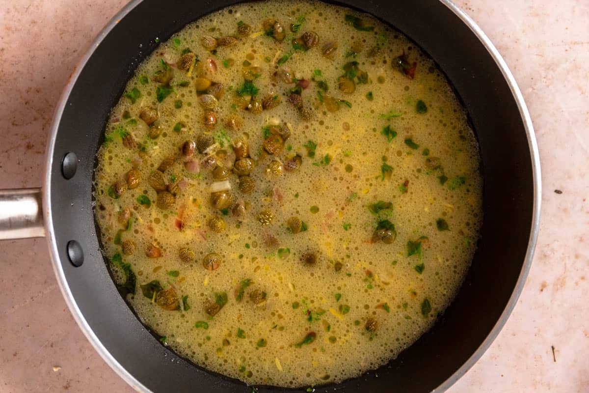 lemon caper sauce in skillet