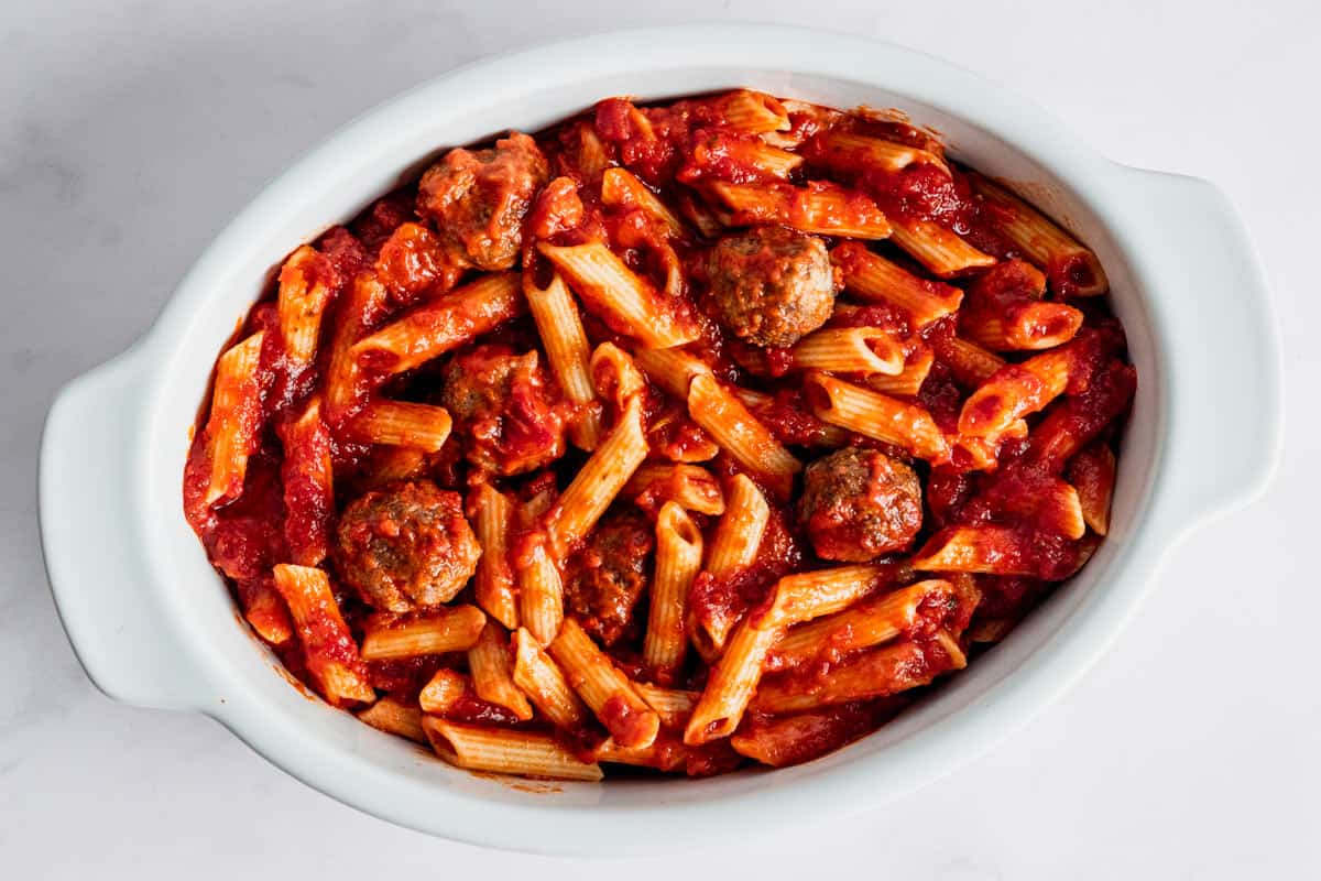 meatball casserole with pasta and marinara sauce.