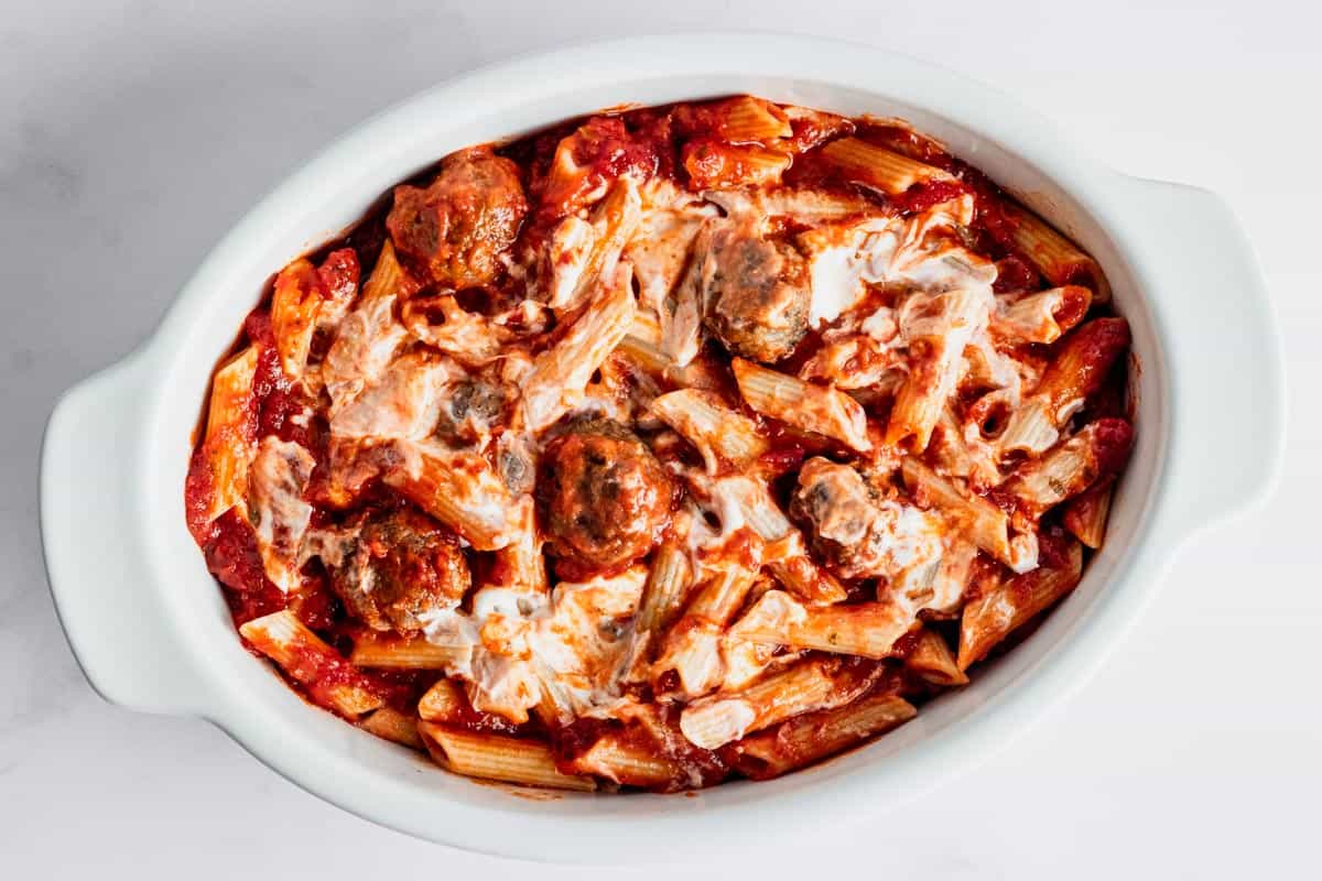 meatball casserole with pasta and marinara sauce.