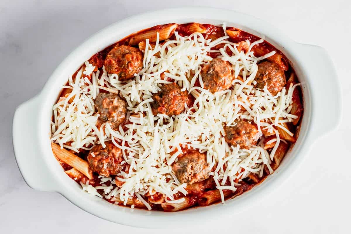 mozzarella cheese added to meatball bake.