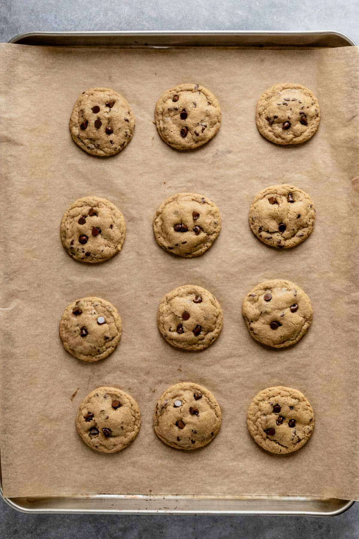 mini chocolate chip cookies on baking sheet right after baking