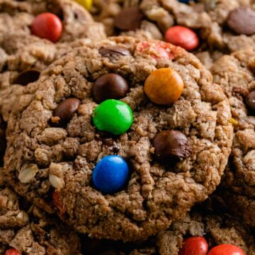 a stack of nutella monster cookies with m&ms