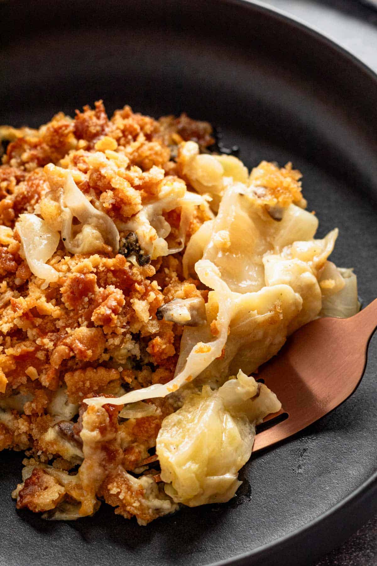 cabbage casserole on serving plate.