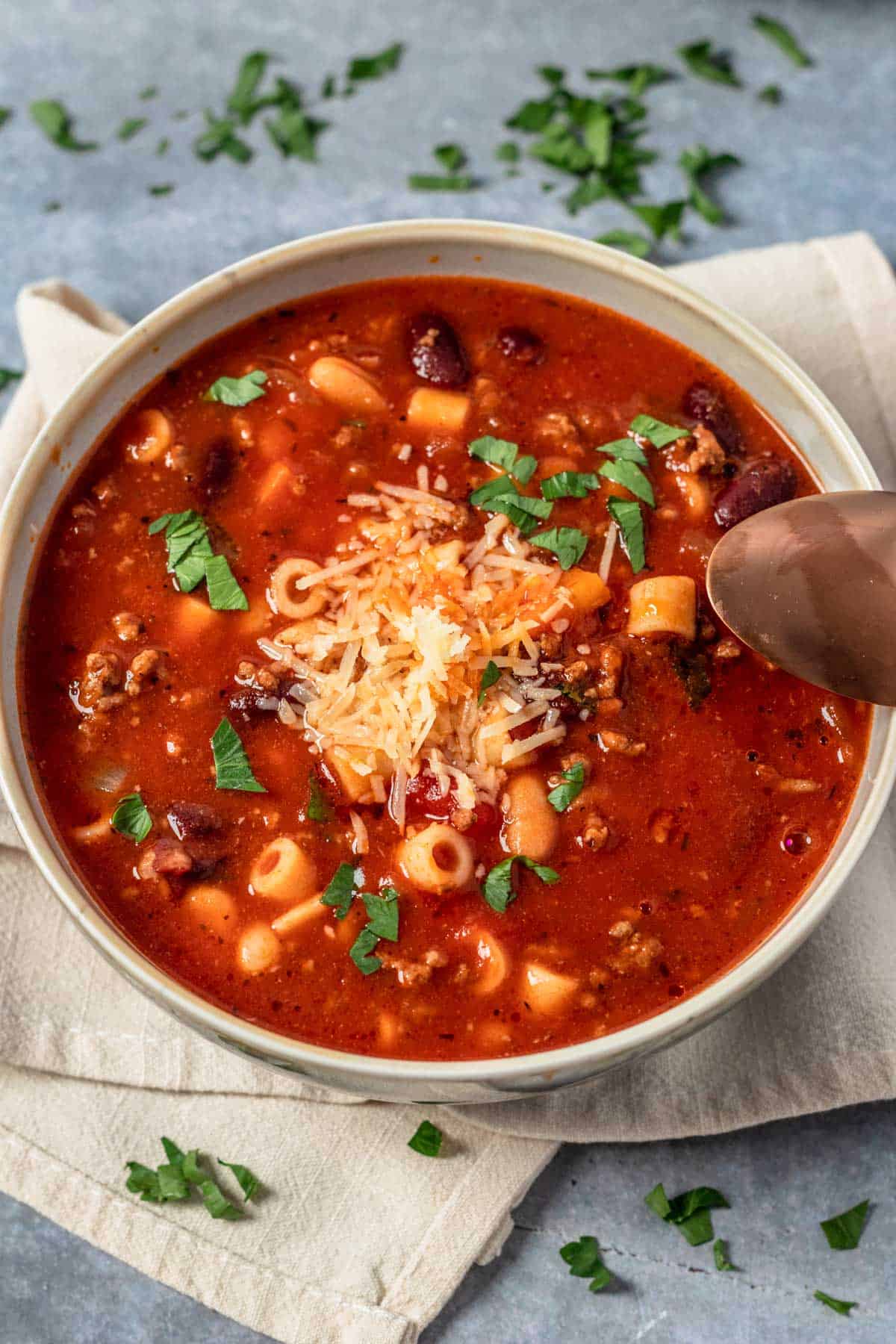 Pasta Fagioli Soup served in a plate