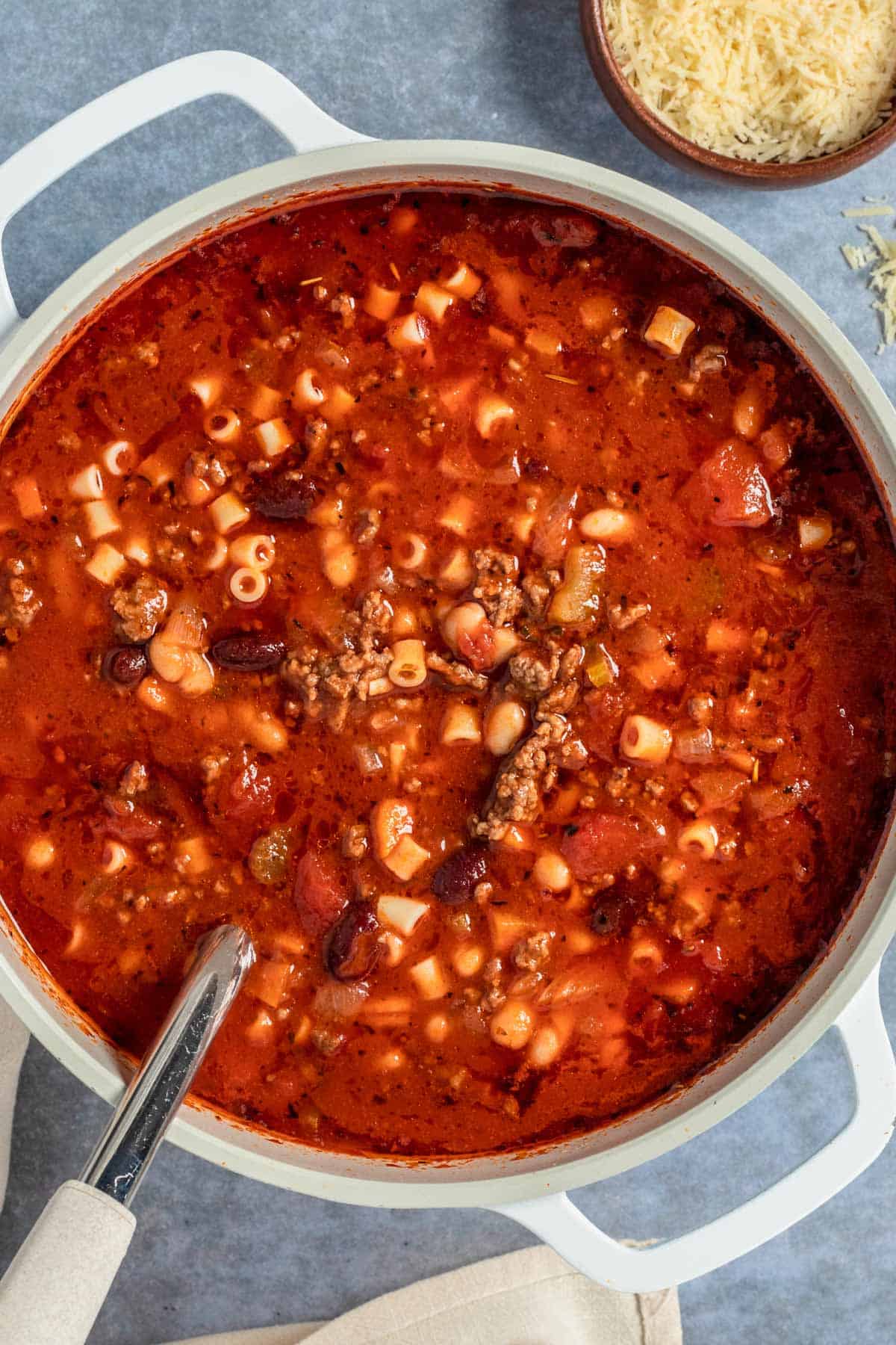 Pasta Fagioli Soup in a white pot