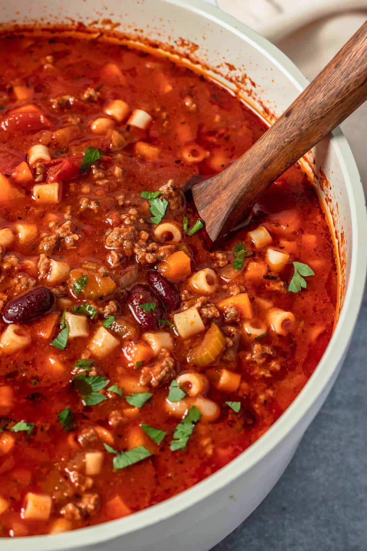 Pasta Fagioli Soup in a white pot